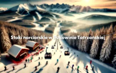 Widok na stoki narciarskie w Bukowinie Tatrzańskiej. Narciarze szusują po ośnieżonych trasach, a kolejki linowe wwożą ich na szczyt.