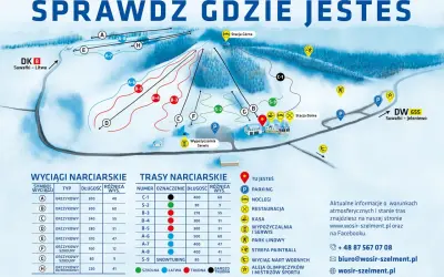 Mapa ośrodka narciarskiego Hańcza z trasami, wyciągami, parkingami i punktami usługowymi.