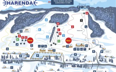 Mapa ośrodka narciarskiego Harendy w Zakopanem. Widoczne trasy narciarskie, wyciągi, punkty gastronomiczne, parkingi i wypożyczalnie sprzętu.