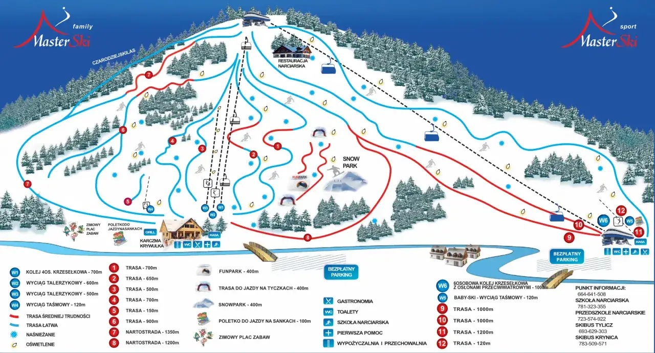 Mapa ośrodka narciarskiego z zaznaczonymi trasami o różnych kolorach: czerwone, niebieskie i przerywane.